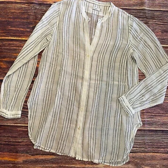 Vince 100% Cotton Gauzy Striped Tea Length Sleeve Blouse - Picture 3 of 8